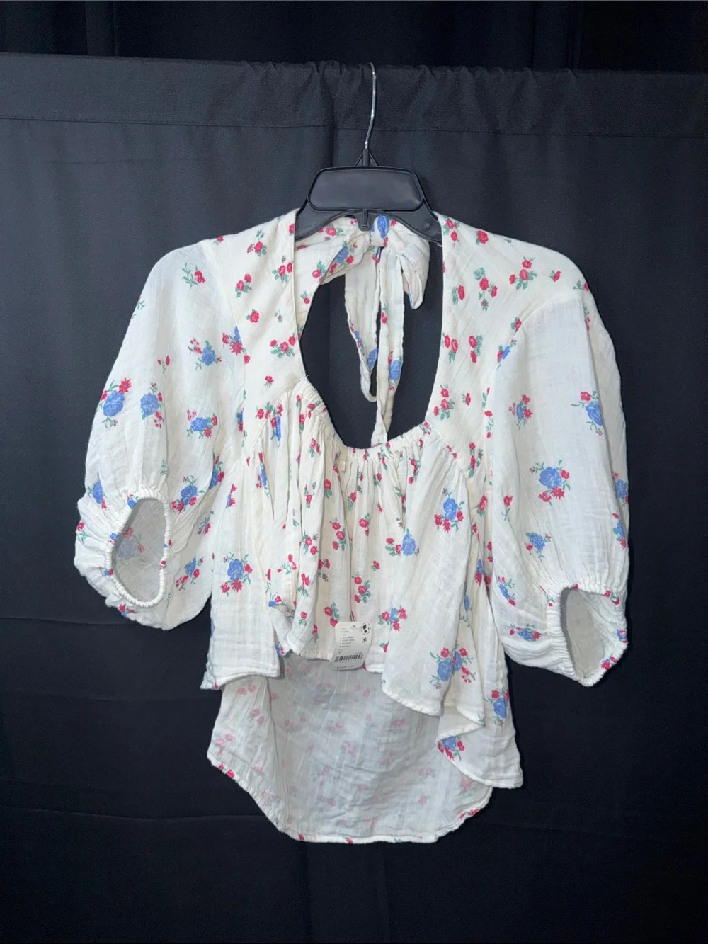 Free People White Floral Tie-Back Peasant Top